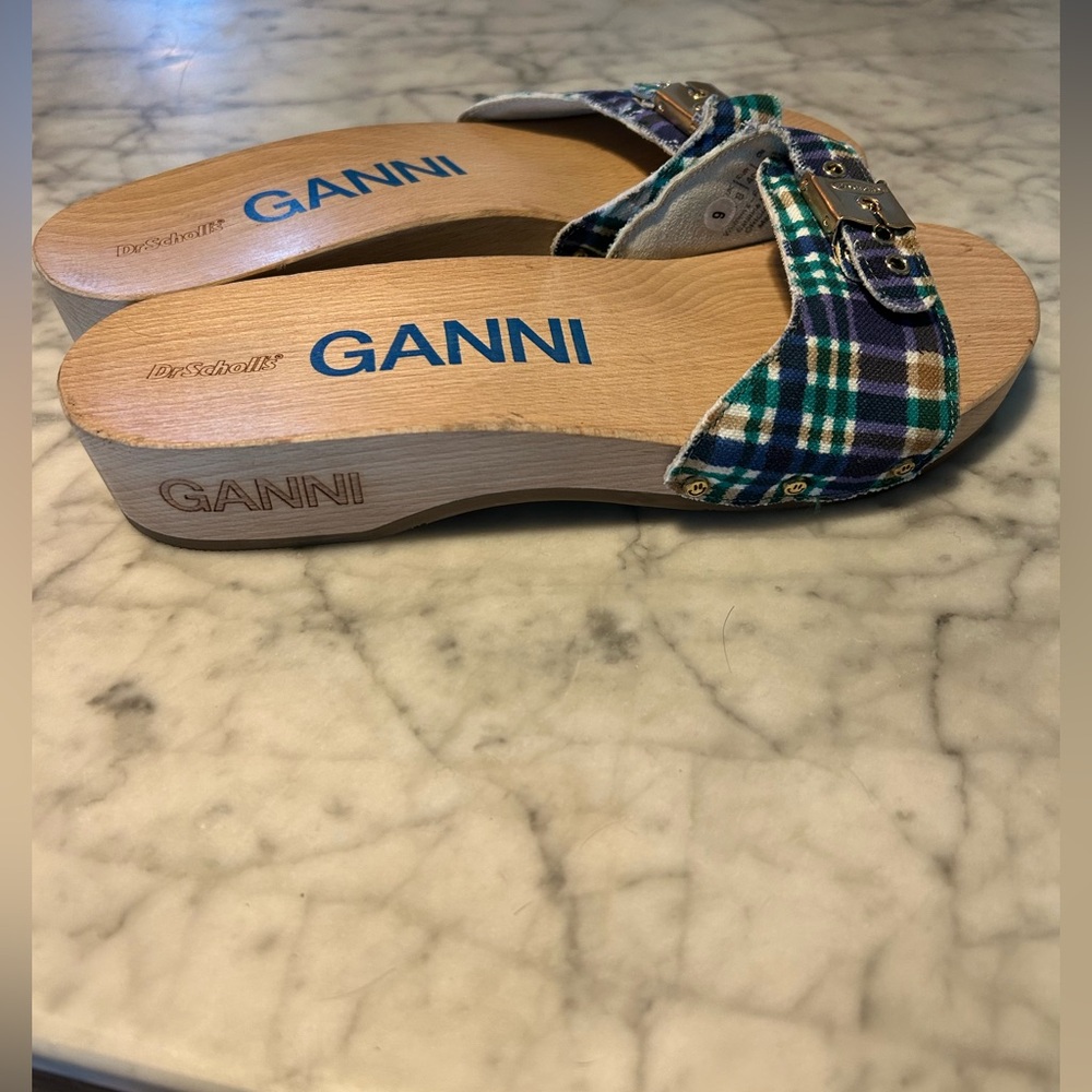 GANNI x Dr. Scholl's Plaid Sandals with Wooden Sole NWOB - Picture 2 of 9